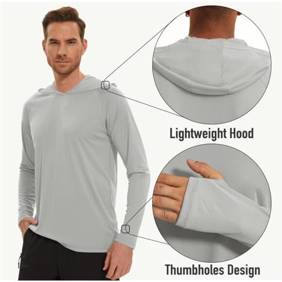 Men's Hooded UPF 50+ Sun Protection T Shirts Long Sleeve Athletic - Picture 5 of 7